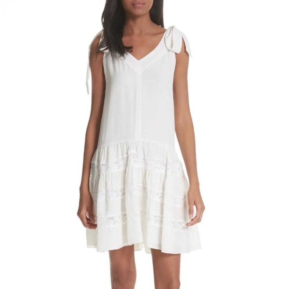 REBECCA TAYLOR SNOW WHITE SILK LACE SHOULDER BOW TIE FIT AND FLATE V NECK DRESS